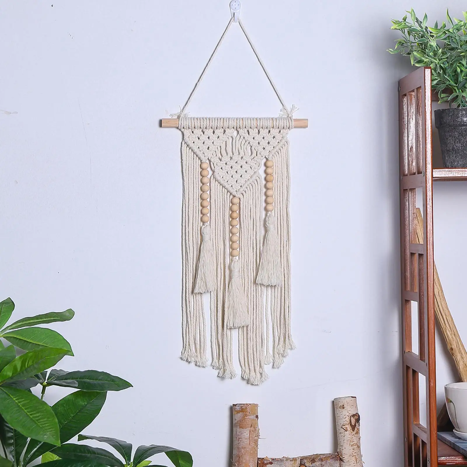 Macrame Wall Hanging Decor with Beads White Boho Wall Decor Woven Wall Art Decor for Wedding Bedroom Bed Dorm Decoration