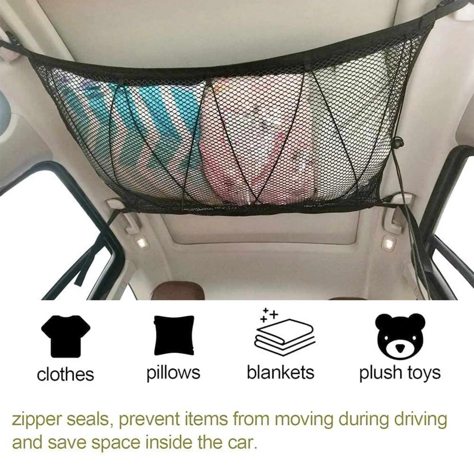 Universal Car Ceiling Cargo Pocket with Zipper for Quilt Traveling