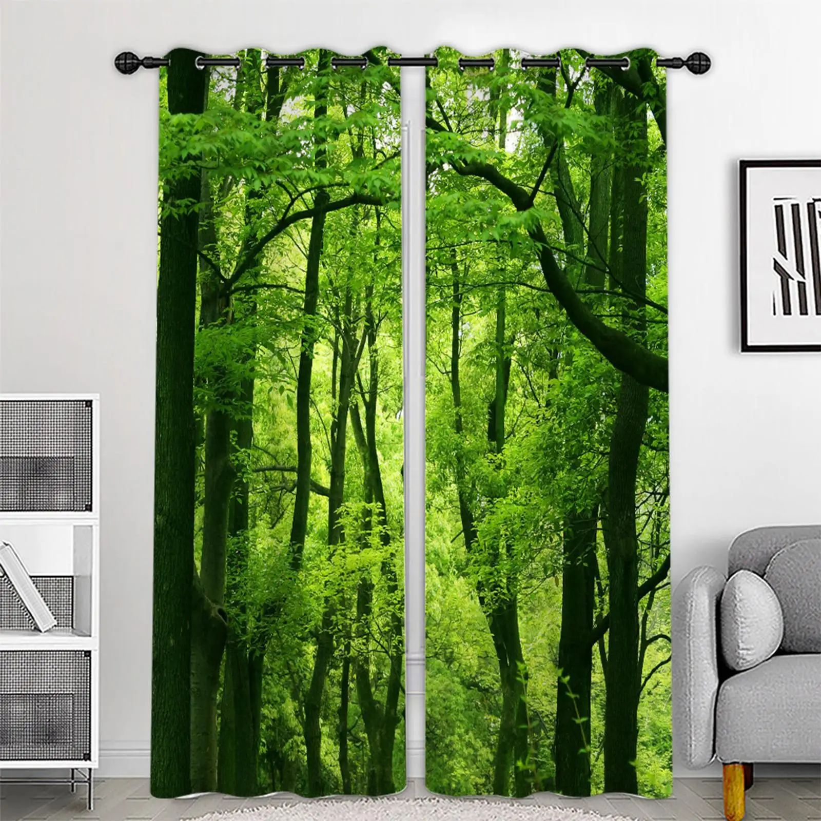 1 Pair Forest Pattern Print Curtain Noise Reduction Blackout Curtains
