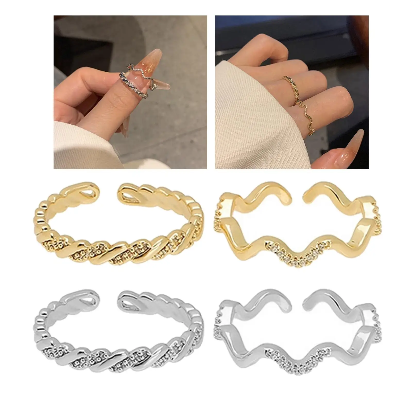 2Pcs Fashion Adjustable Opening Rings Women Jewelry Inspirational Rings for Valentines Day Wedding Christmas Prom Zig Zag Rings