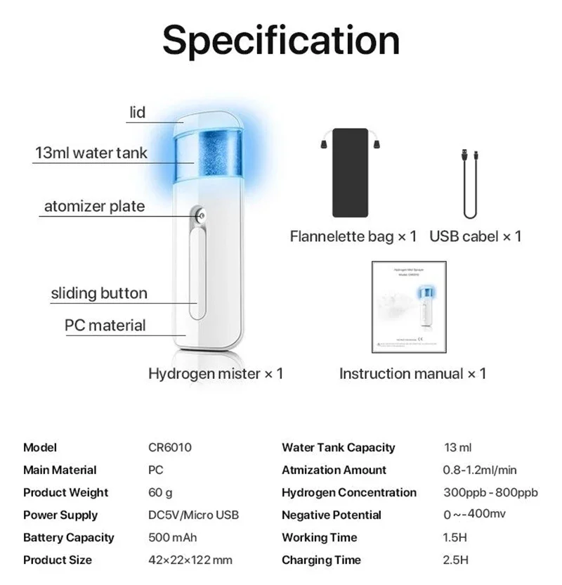 Description Picture 3 of item800ppb Portable Hydrogen Rich Water Mister Super Anti-oxidant ORP Face Sprayer Nano Dissolved Molecular Hydrogen H2 Mister