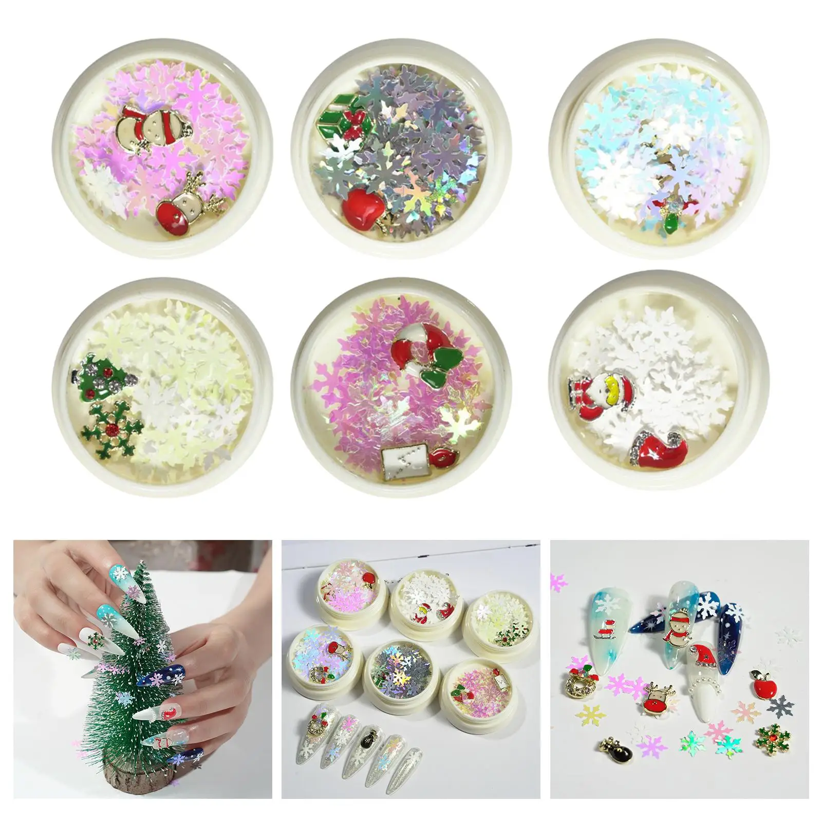 6 Colors Christmas Nail Art Glitters, Manicure Tips DIY Crafts Glitters Set 3D Nail Flakes Snowflake Sequins Salon Home Use