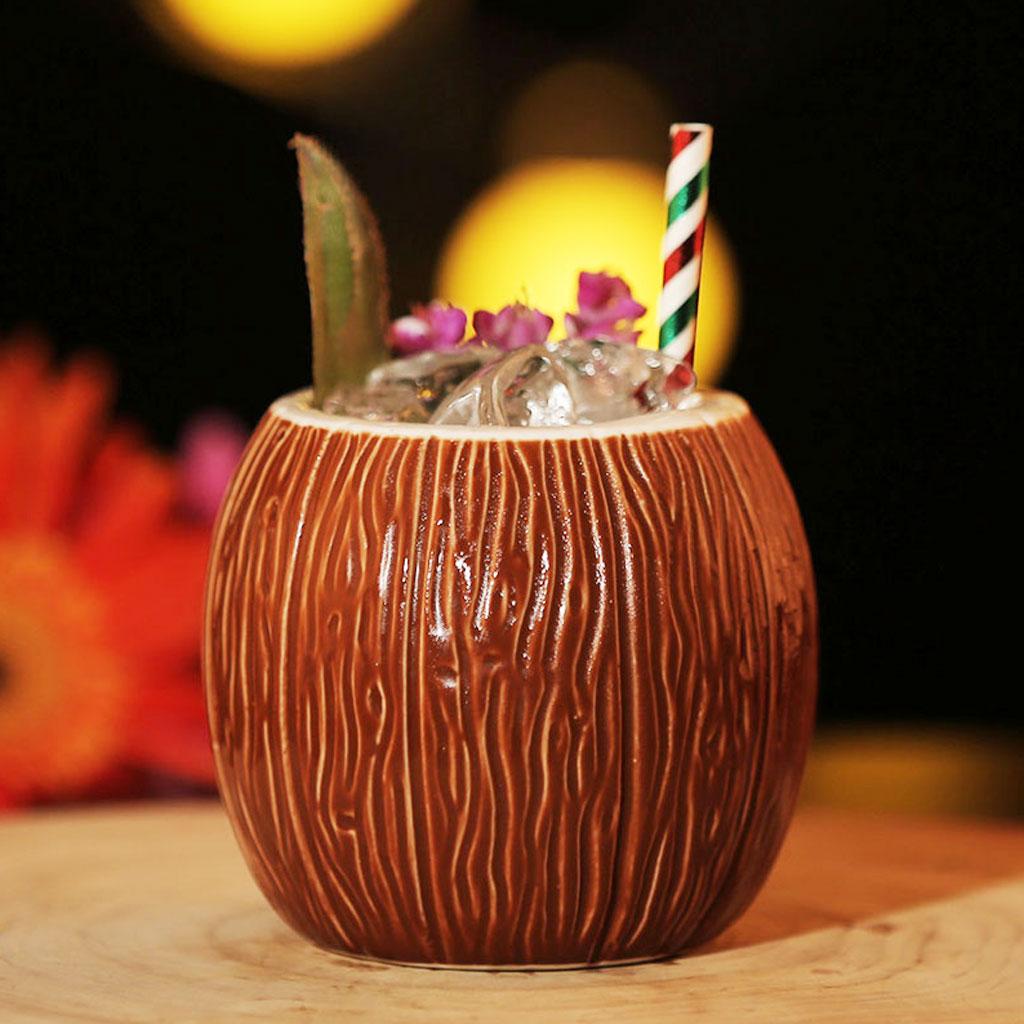 17.6oz Hawaii Coconut Mug, Porcelain 520ml Cocktail Cups for Party Easter Islander Gifts Drinks, Brown