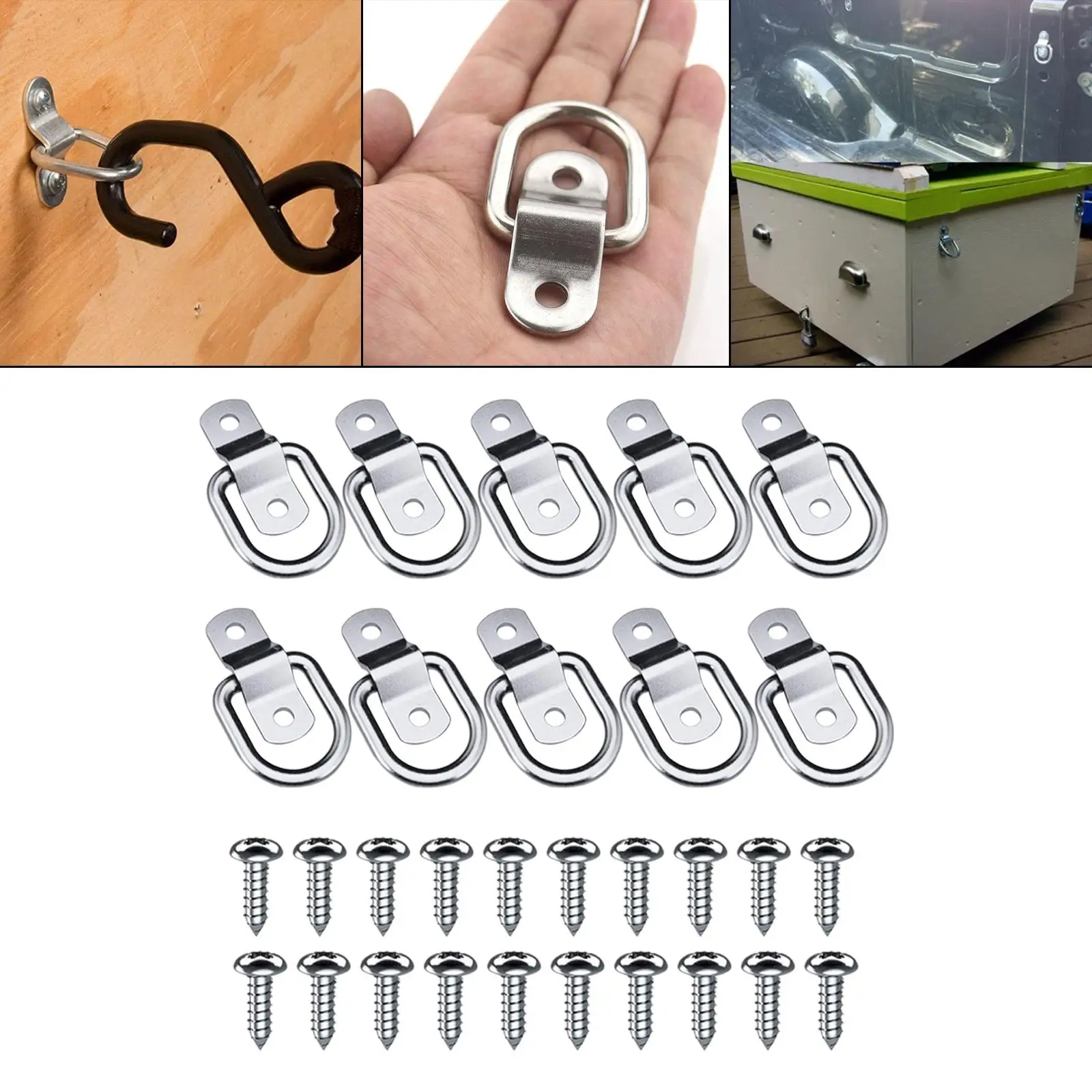 10x Stainless Steel D Rings with Screws Surface Mounting Lashing Rings Trailer Anchors Tie Downs for RV Trucks Boats Canoe ATV