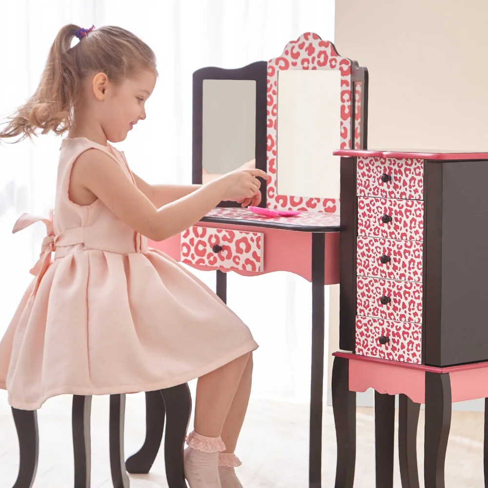Gisele Leopard Print Vanity Playset - Pink / Black Vanity Table Makeup Vanity Black Dressers for Bedroom