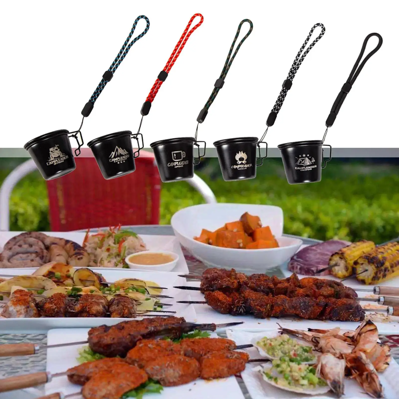 5 Pieces 304 Stainless Steel Milk Coffee Cups w/ Hanging Rope Handle Mugs for Camping Campfire BBQ Hiking