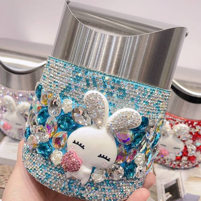 Inlay Rhinestones Car Trash Can Sparkling Dustbin For Bedroom