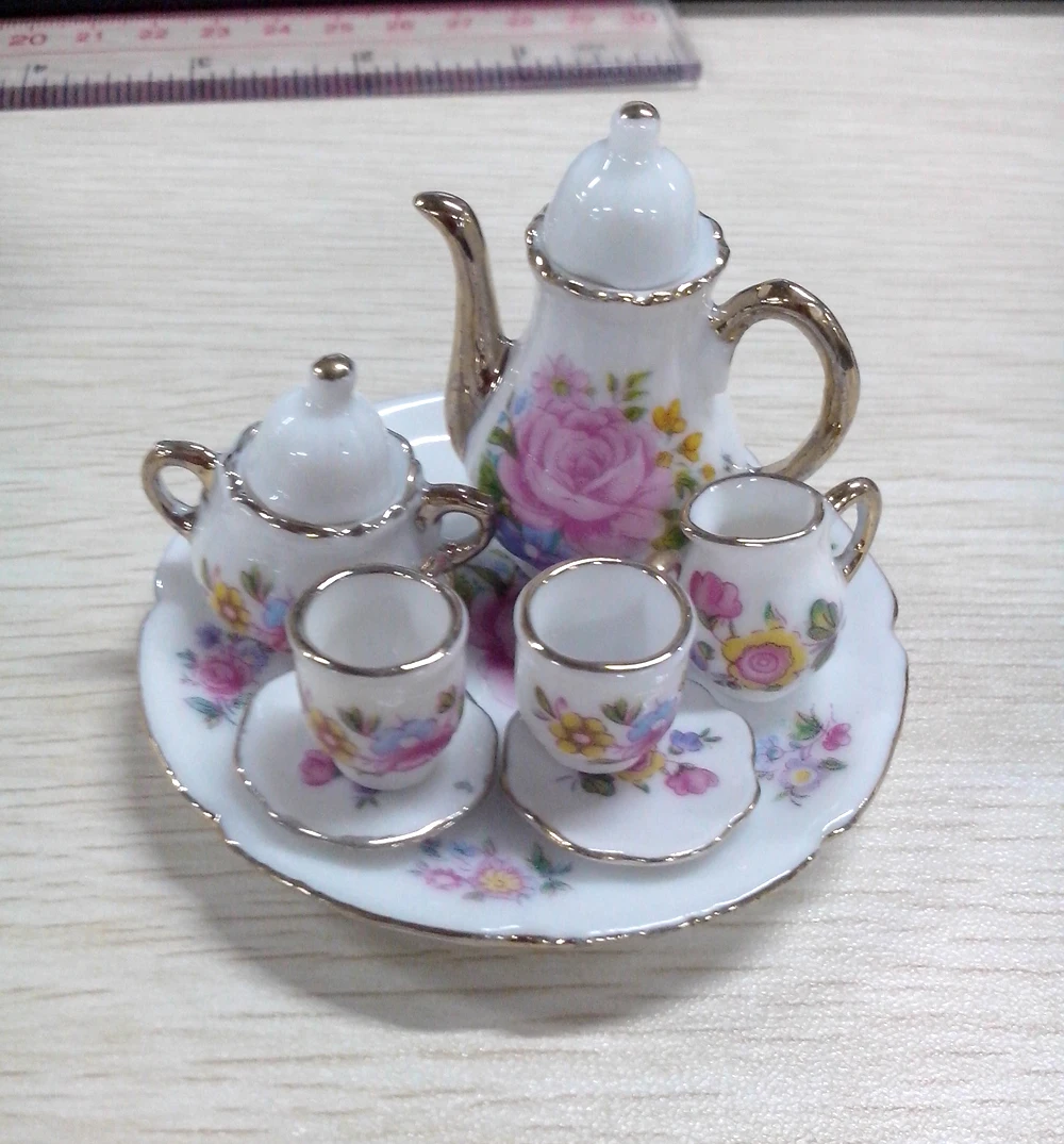 NEW ARRIVAL Children`s Classic Toys 8pcs Dollhouse Miniature Dining Ware Porcelain Tea Set Dish Cup Plate -Pink Rose  HOT SALE