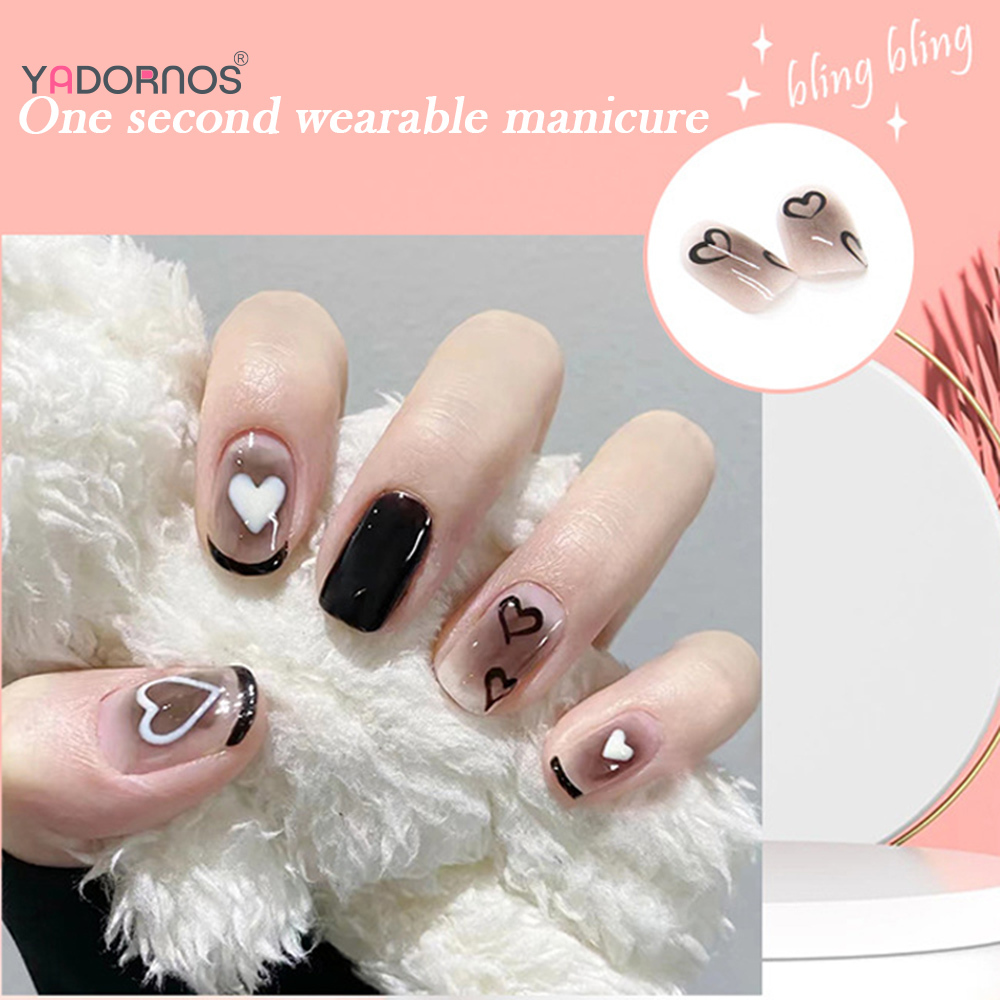 Description Picture 4 of item24pcs Y2K Fake Nails with Lovely Black Heart Designs Reusable French False Nails Full Cover Short Press On Nails for y2k Girls