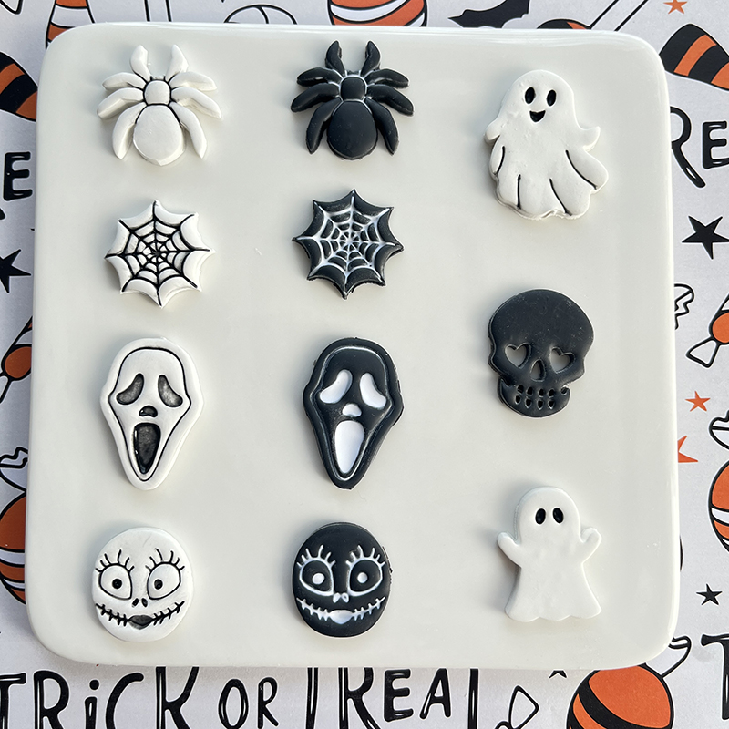 Description Picture 2 of itemHalloween Series Clay Molds Witch Hat/Cat/Zombie/Bone/Pumpkin/Bat/Web/Ghost Clay Cutting Molds DIY Earrings Jewelry Hand Tools