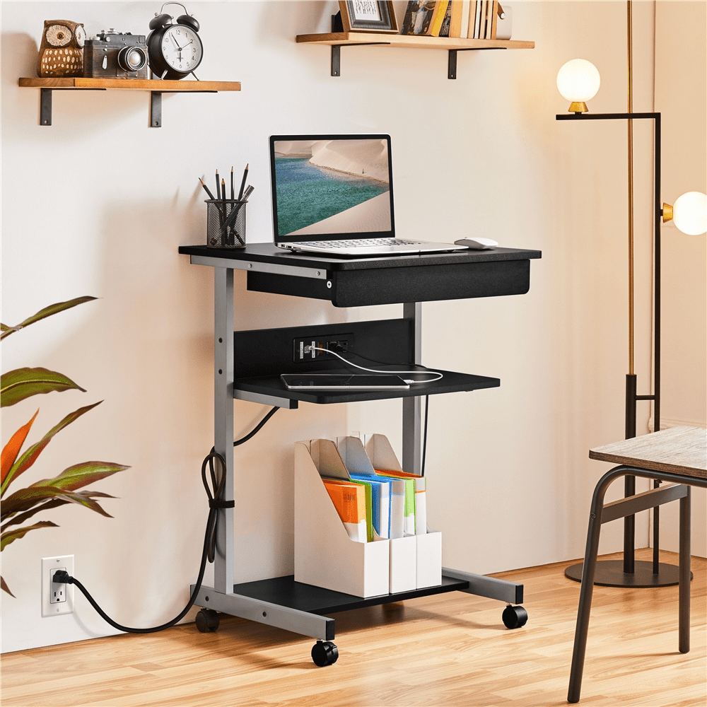 Description Picture 4 of itemSMILE MART 22in Rolling Laptop Computer Table with Power Outlet for Home, Black standing desk converter desk table