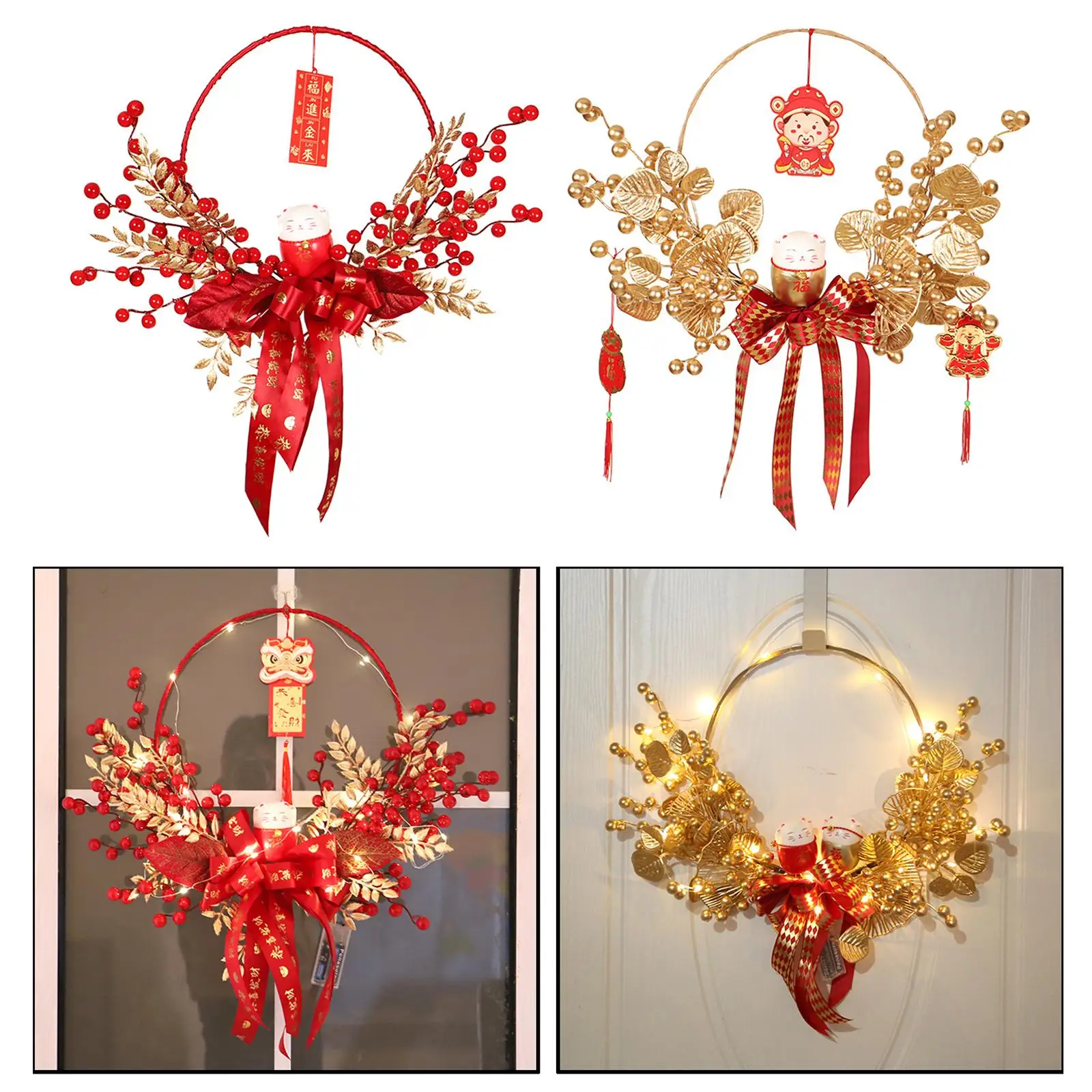 Wrought Iron Wreath Red Bowknot Fortune Cat Berries Wheat Pendant Chinese New Year Decoration for Indoor Outdoor Ornament