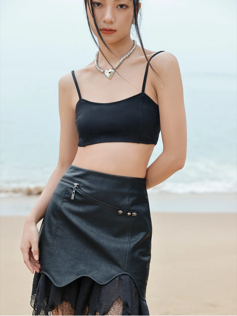 Lace Patchwork Leather Skirt  Women’s Punk Punkrock Goth Gothic Black High Rise Waist A Line Mini Skirts Fashion Spring Summer Clothes for Stylish Woman