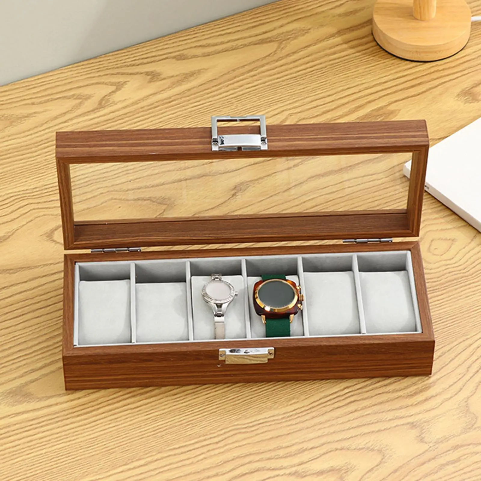 Watch Box Organizer 6 Slot Elegant Wood Watch Box for Watches Necklace Bracelet Earrings Table Dresser Shop Display Men Women