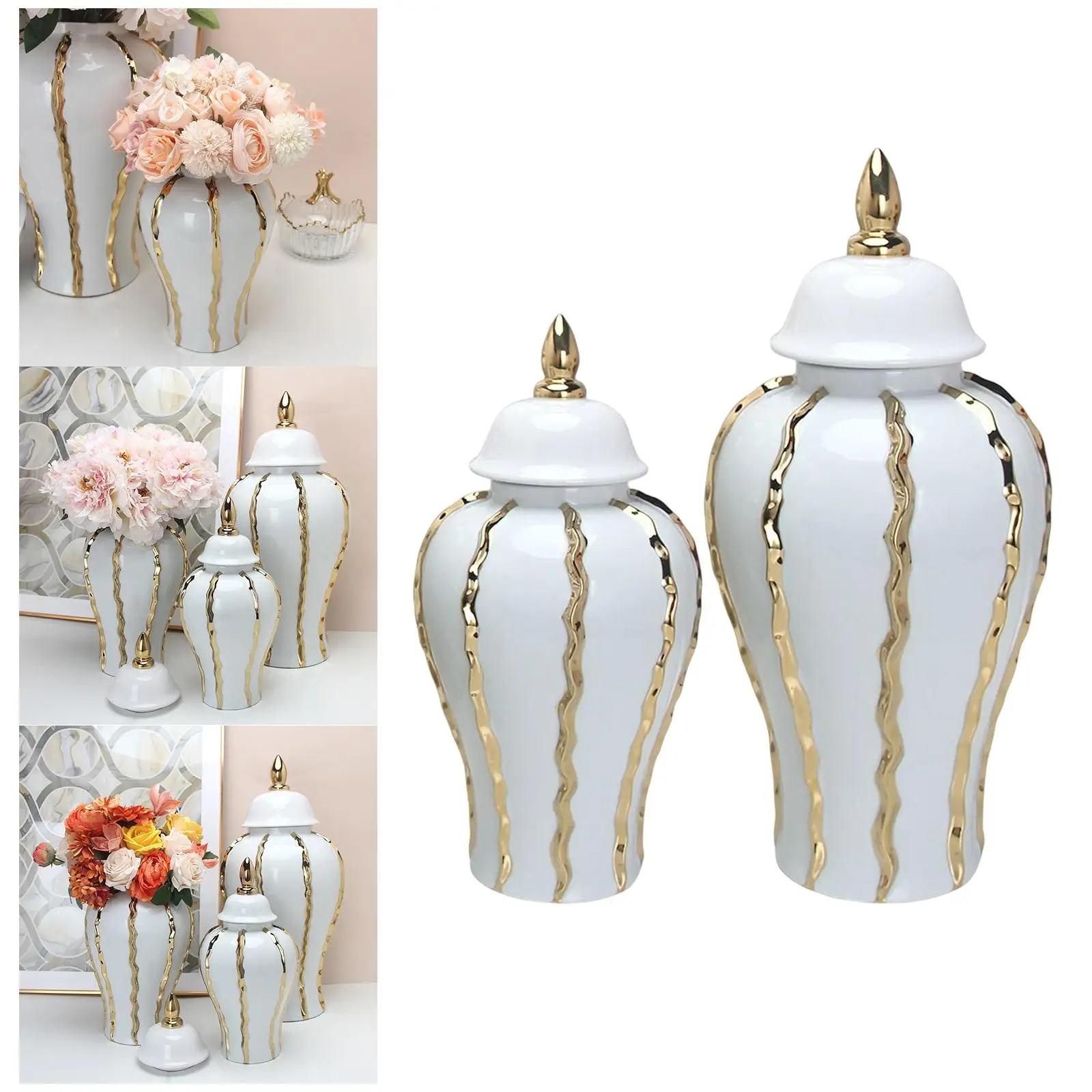 Classical Ginger Jar Flower Vase Handicraft Flower Plants Holder with Lid for Floral Arrangement Office Decoration Display Desk