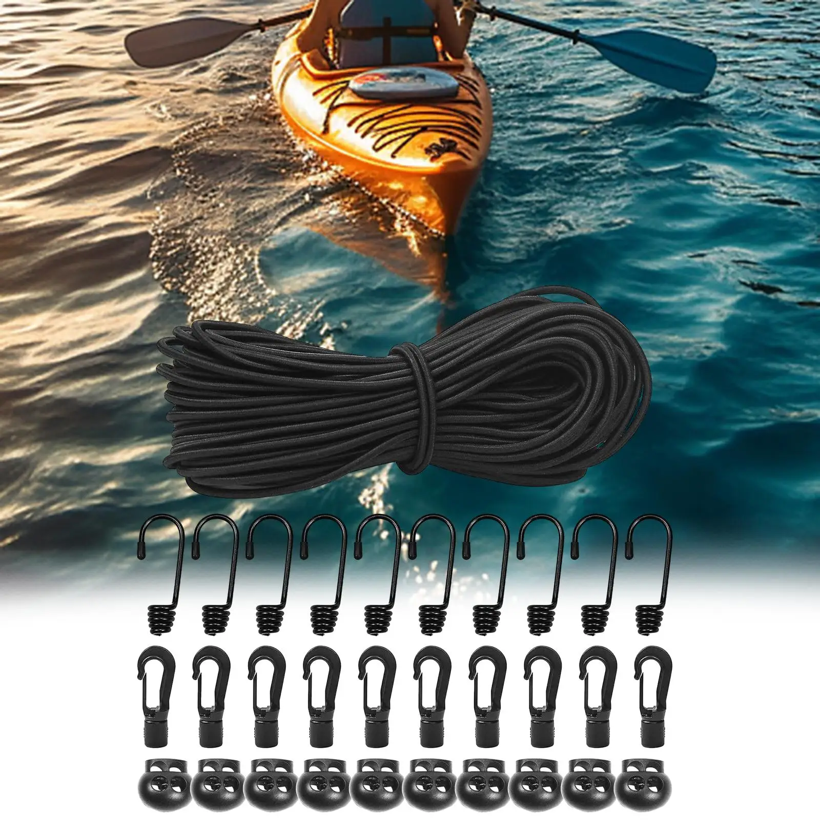Elastic Bungee Shock Cord Canopy Tarp Cord 15M Length Kayak Bungee Kit for Outdoor Activities Water Sports Camping Boat