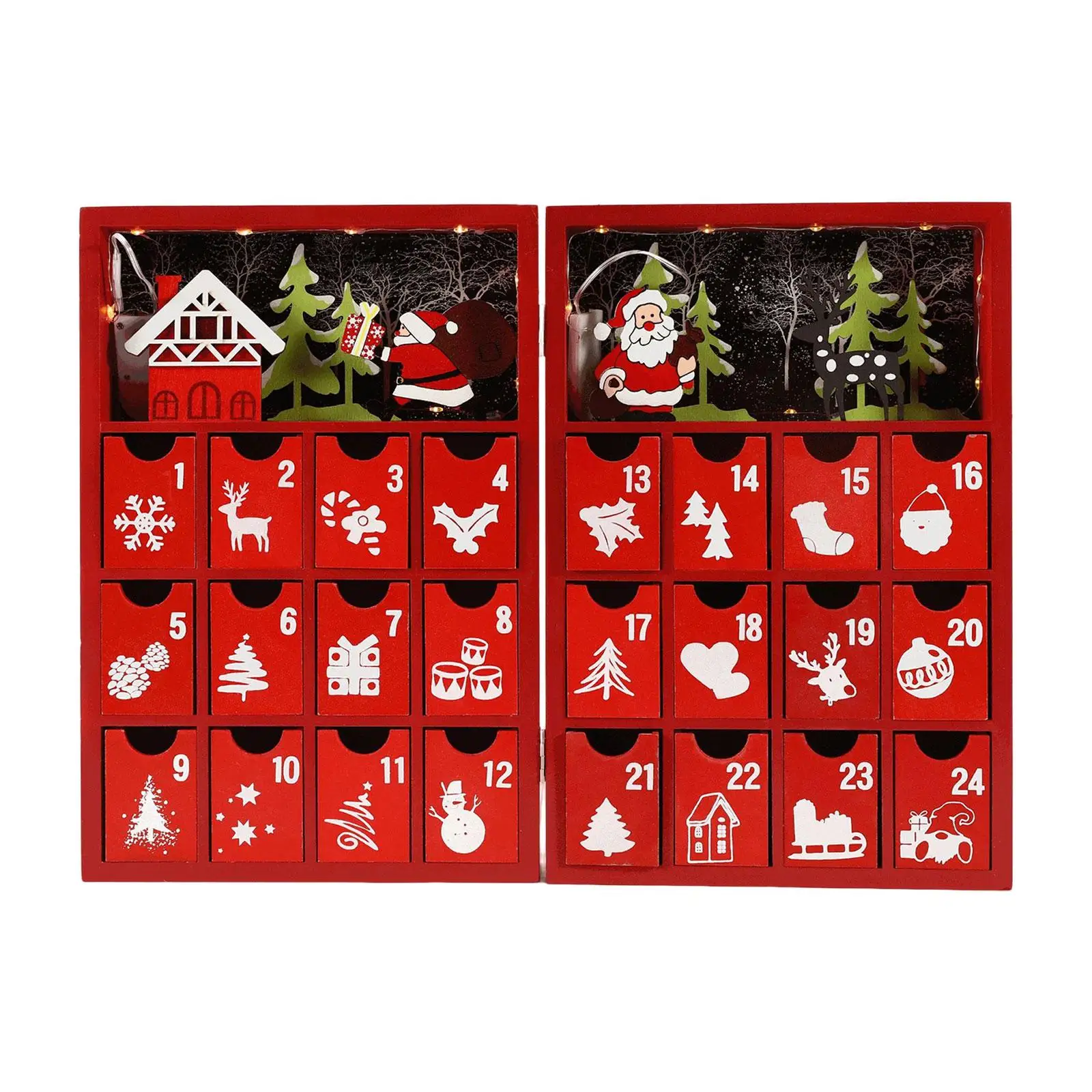 Fillable 24 Days of Advent Calendar with Storage Drawers Santa Claus Pattern Wood for Holiday Home Xmas Tabletop Decoration