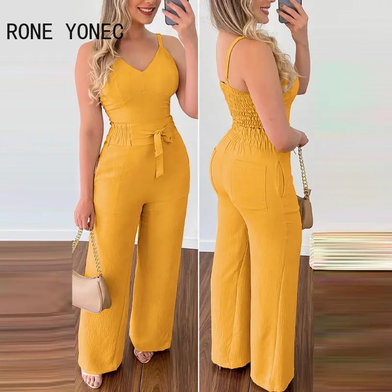 2023 Women Casual Thick Straps Lace Up Pleated High Elastic Waist with Pocket Straight Leg Pants Sets