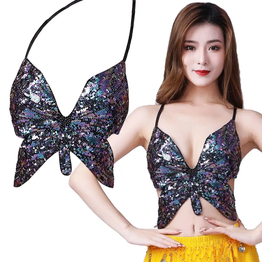 Womens Glitter Belly Dance Bra Sequin Butterfly Halter Crop Top  Latin Sequins Costume Tribal Festival  Wear