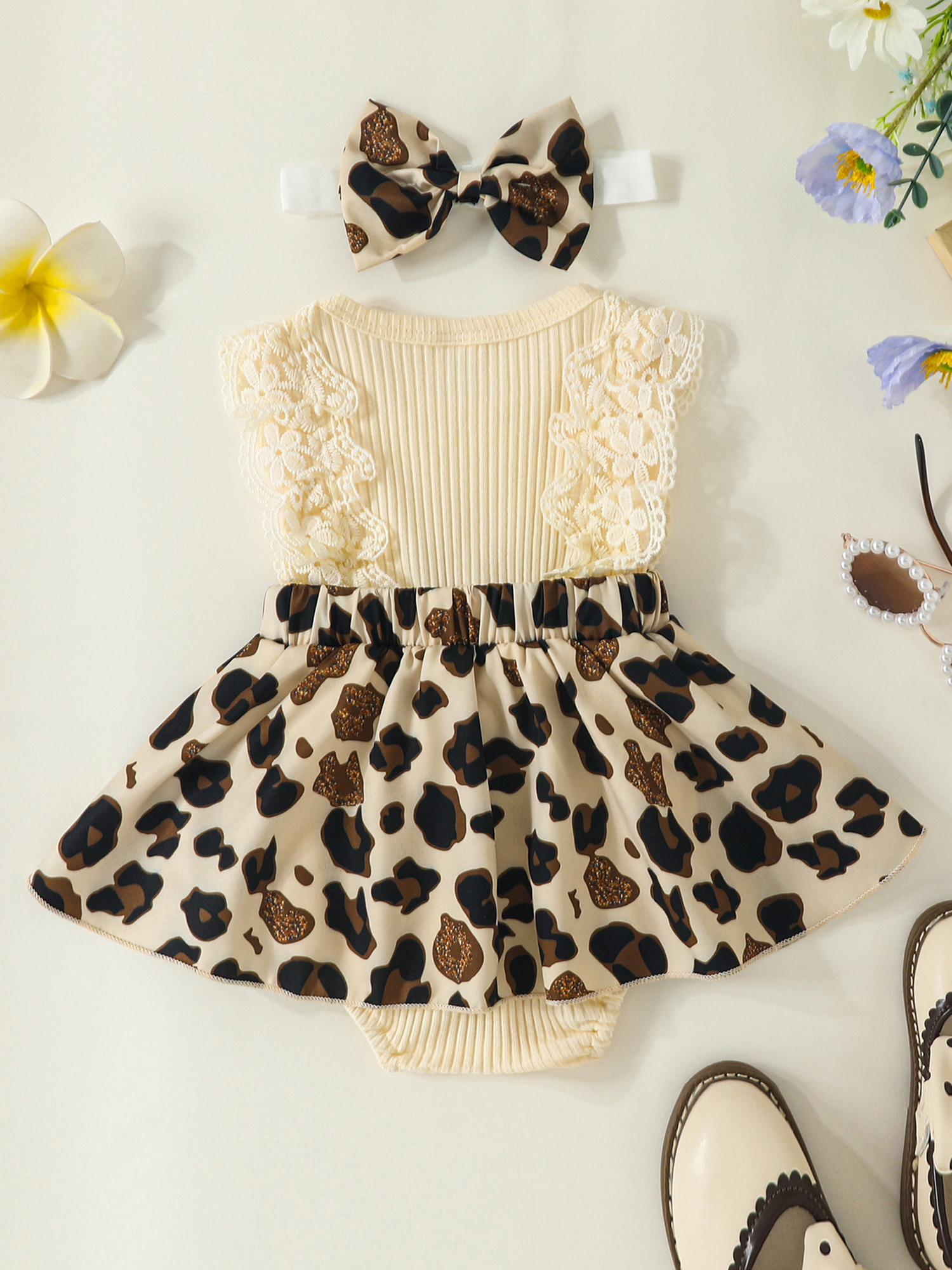 Baby 2 Stück Sommer Outfits ärmelloses Stram pler kleid mit Leoparden muster und Stirnband – Detail 7
