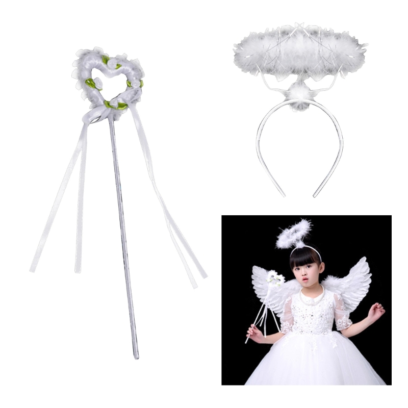 Engel Halos Stirnband mit Engel Zauberstab Engel Kostüm Engel Halloween Cosplay Kostüm Zubehör weiß für Frauen Mädchen – Detail 2