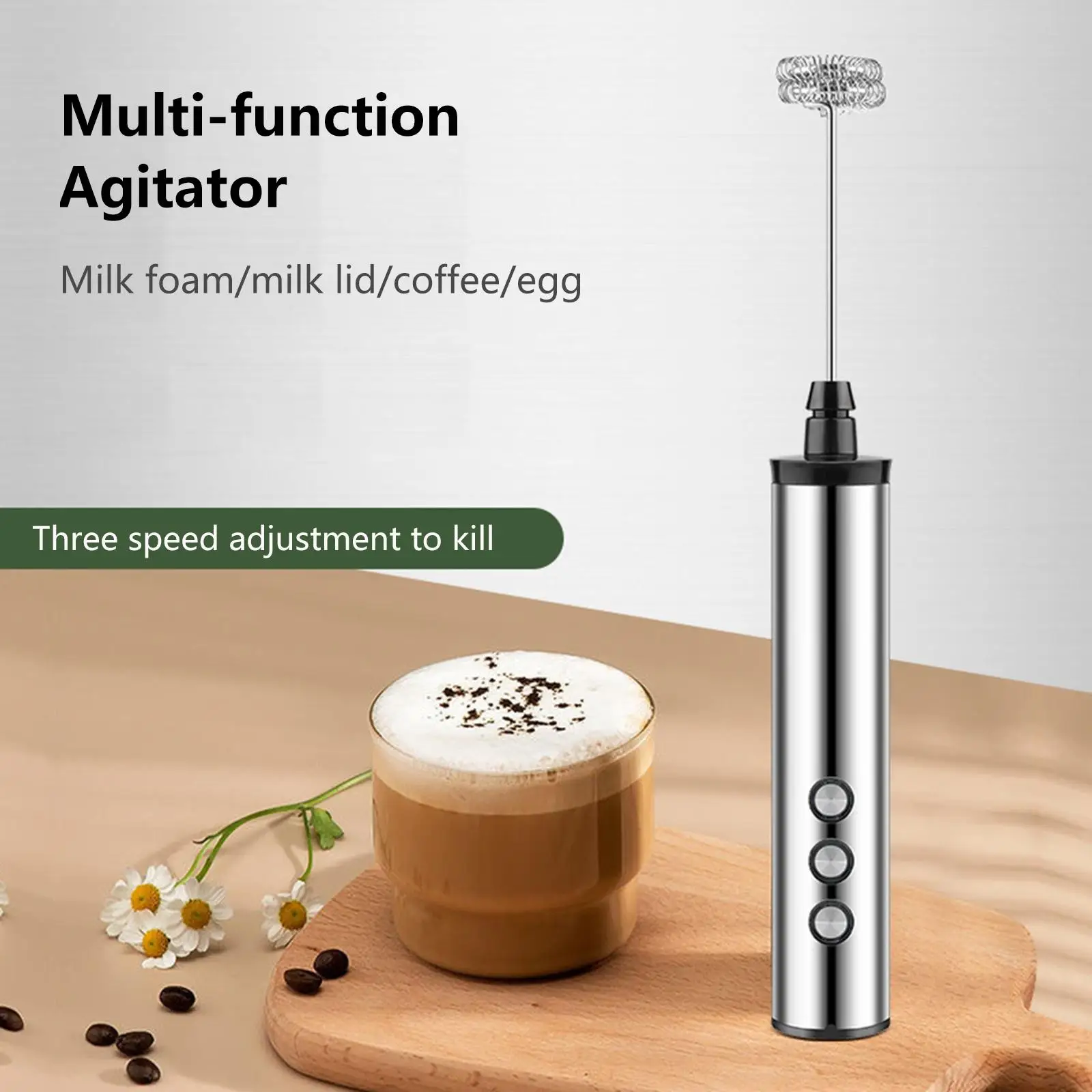 Milk Frother 3 Speeds with 3 Mixing Heads for Latte Cappuccino