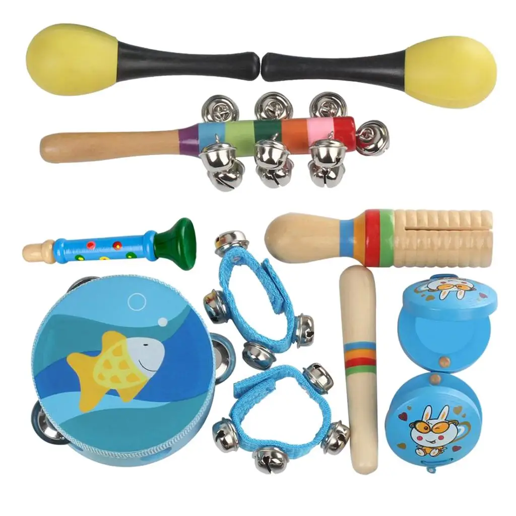 11pcs Musical Percussion Instrument Toy Set Tambourine+Maracas+Waist Bells+Finger Castanets for Kids Early Learning Education