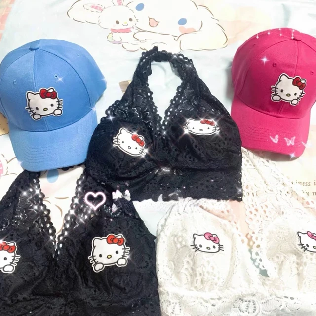 Sanrio-Sujetador de Hello Kitty para mujer, ropa interior con tirantes  traseros, lencería Sexy de copa