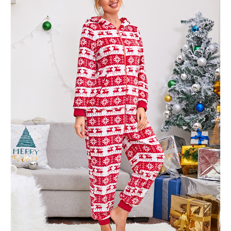 moda feminina natal macacão com capuz manga longa zip up pescoço dos desenhos animados imprimir moda pijamas macacões