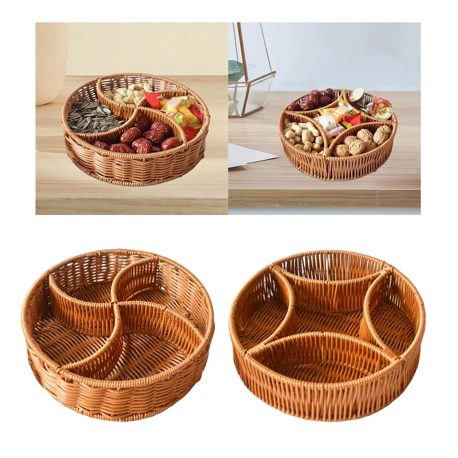 Hand Woven Serving Basket Versatile Dividers Farmhouse Divided Bread Basket for Restaurant Kitchen Coffee Table Dining Hotel