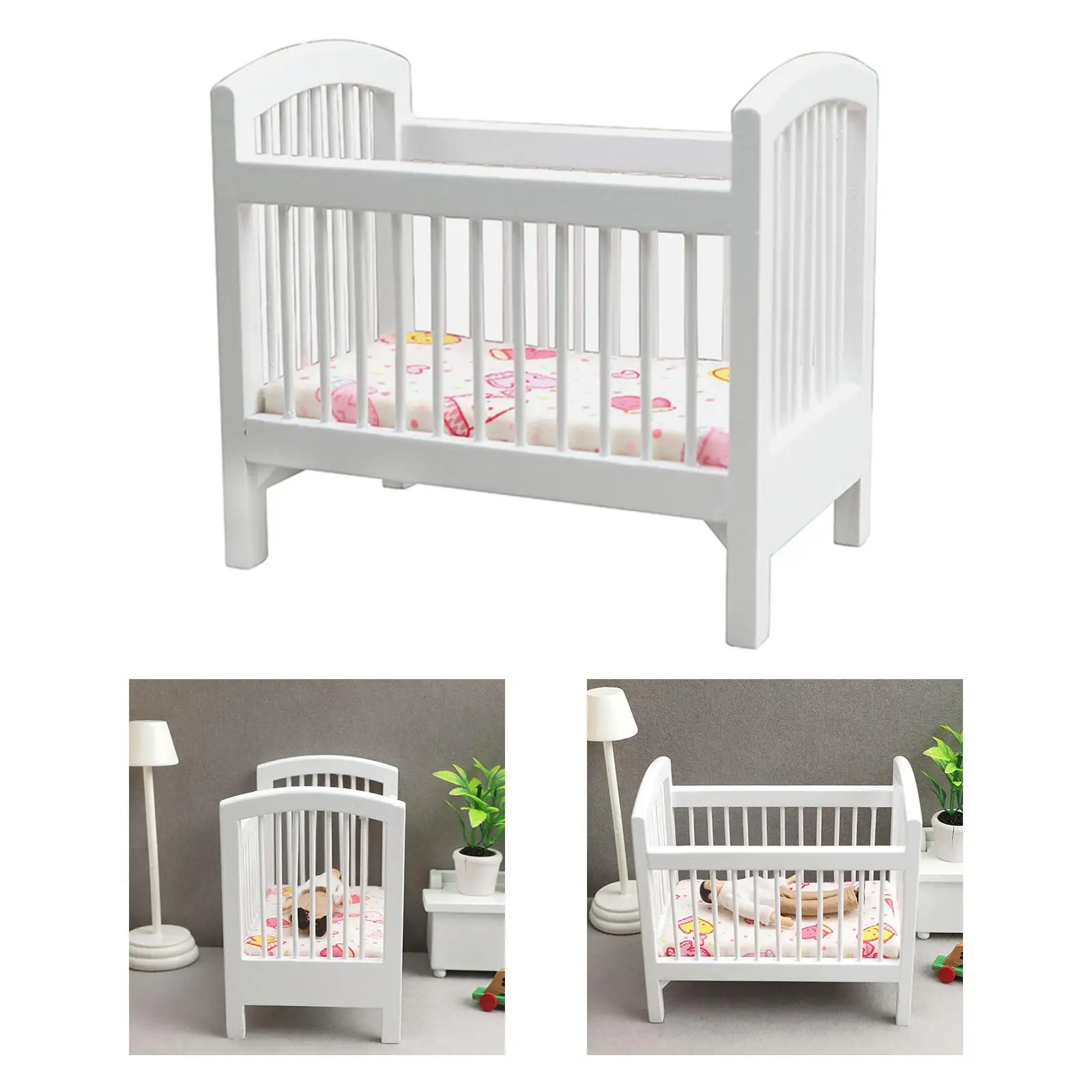 1/12 Scale Dollhouse Wooden Crib Baby Doll Cradle Simulation Furniture with
