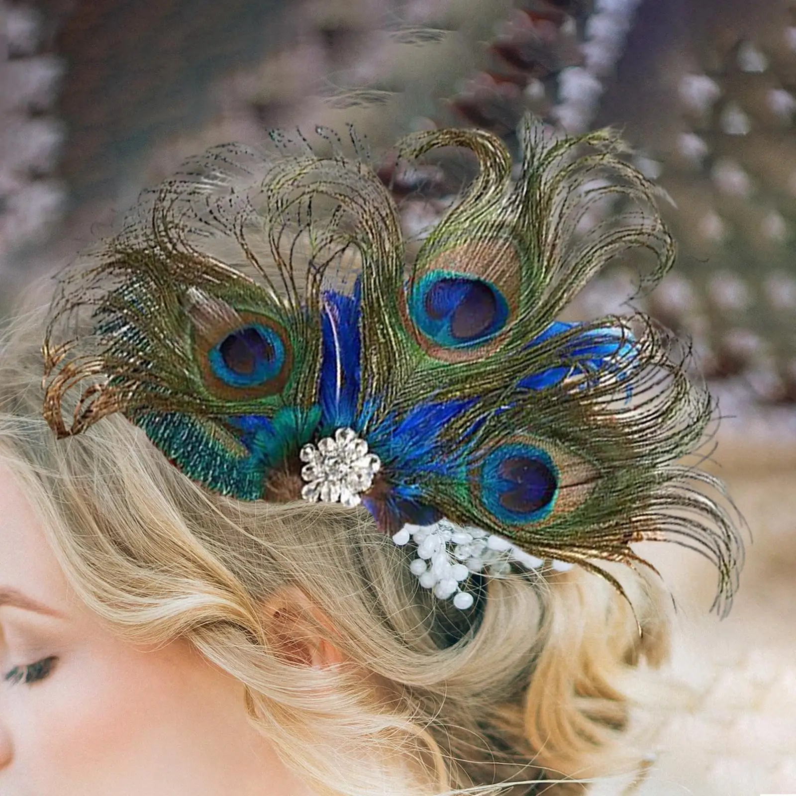 Women Peacock Feather Hair Clip Fascinator 1920S Vintage Elegant with Rhinestones Hairpin Headpiece for Wedding Accessories