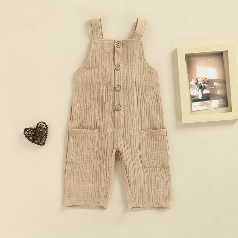 Baby Bodysuits medium Baby Boy Solid Cotton Linen Overalls Toddler Infant Kids Boys Girls Sleeveless Button Pocket Rompers Jumpsuits Trousers Outfits Baby Bodysuits medium