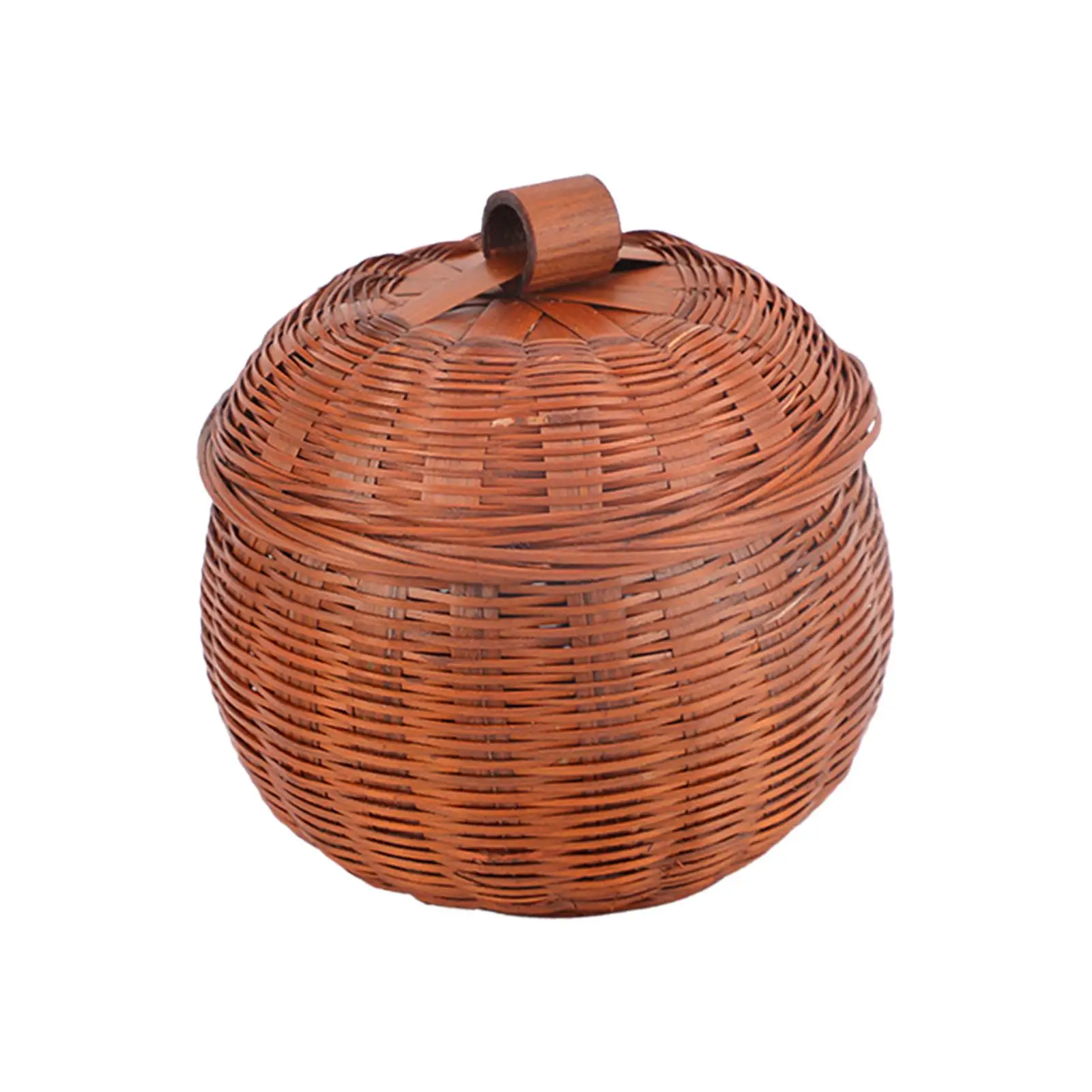 Round Rattan Storage Box Smooth with Cover Sundries Container Handwoven Pumpkin Basket for Cafe Cake Shops Family Home Offices