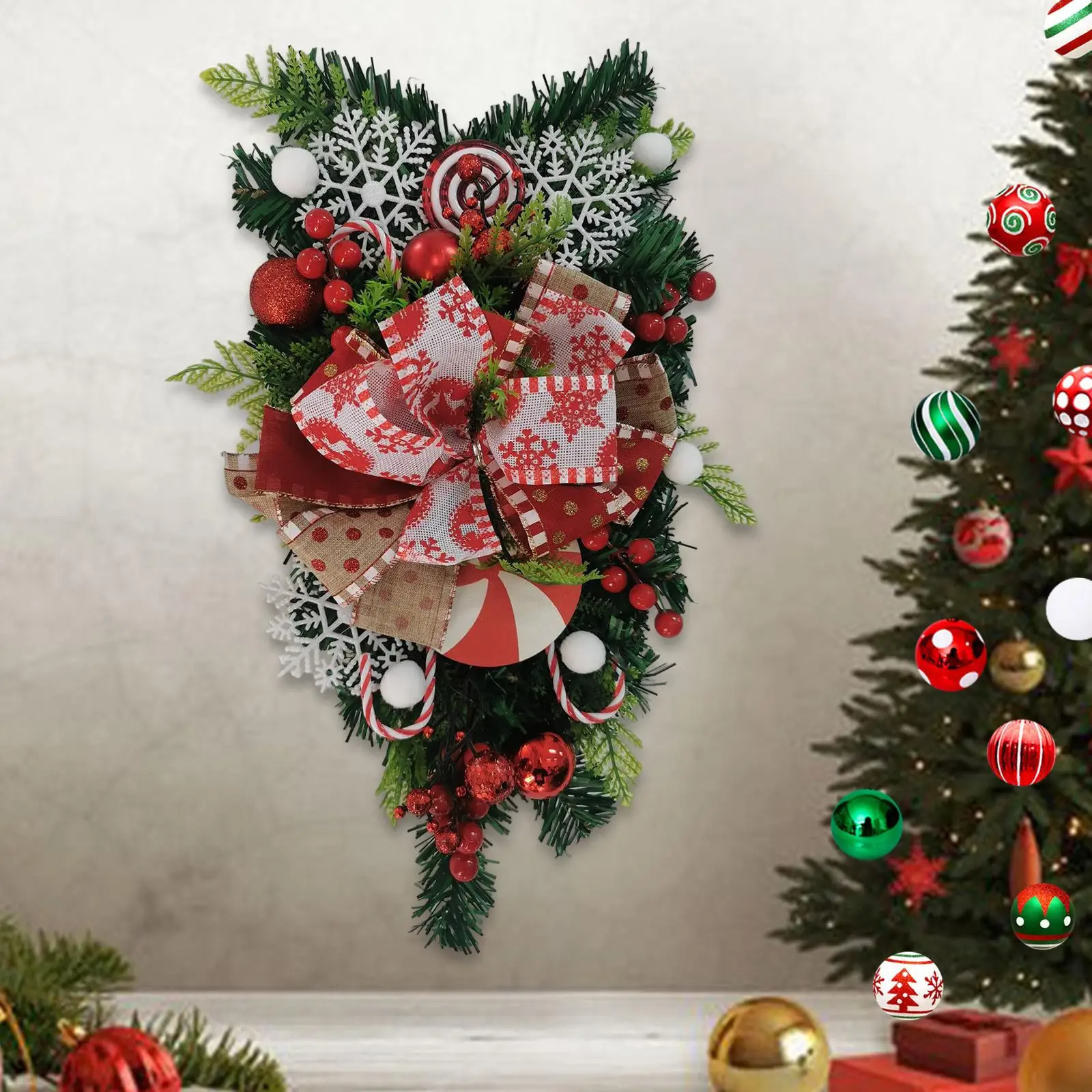 Winter Christmas Teardrop Wreath Wall Hanging Christmas Door Wreath with Bow for