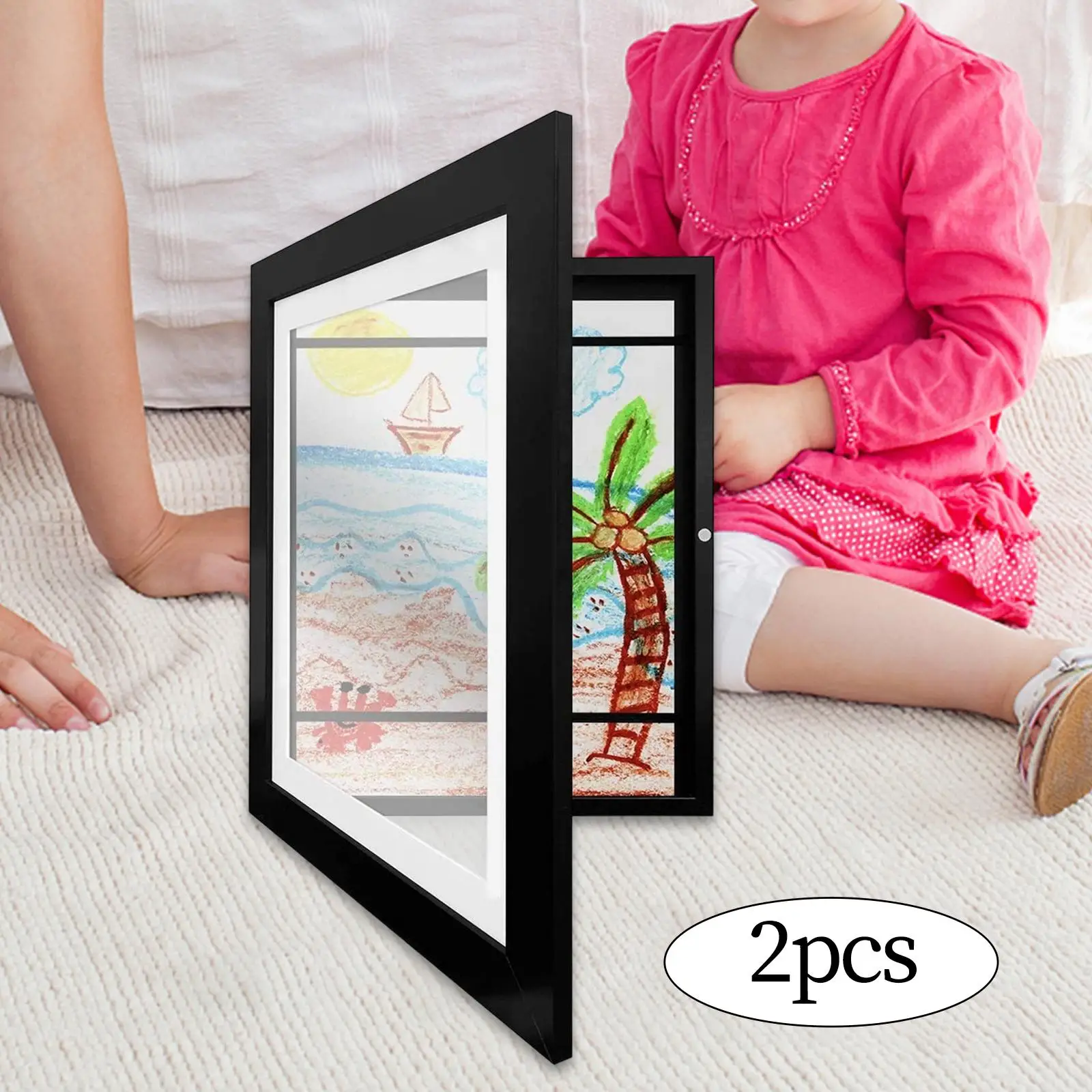 2 Pieces Wooden Photo Frame Children`s Art Frame Open Front Decorate Home Open