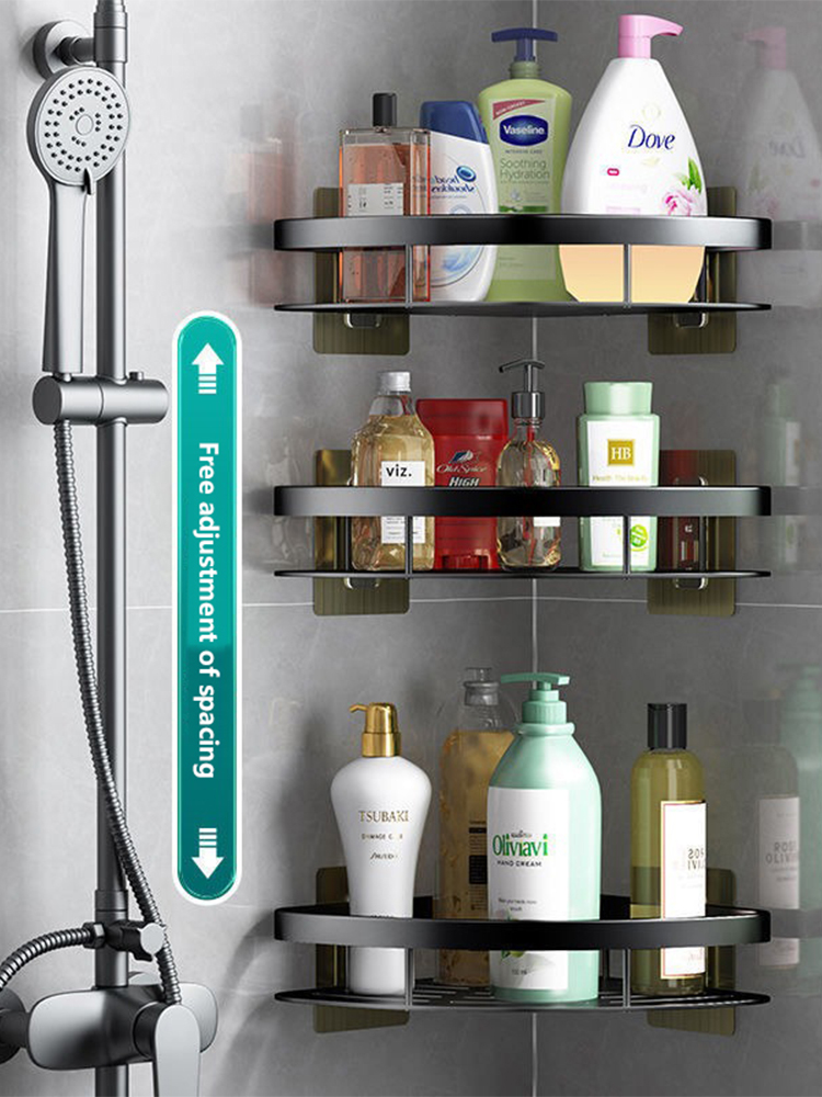 Round metal bathroom corner shelf with toiletries and soaps