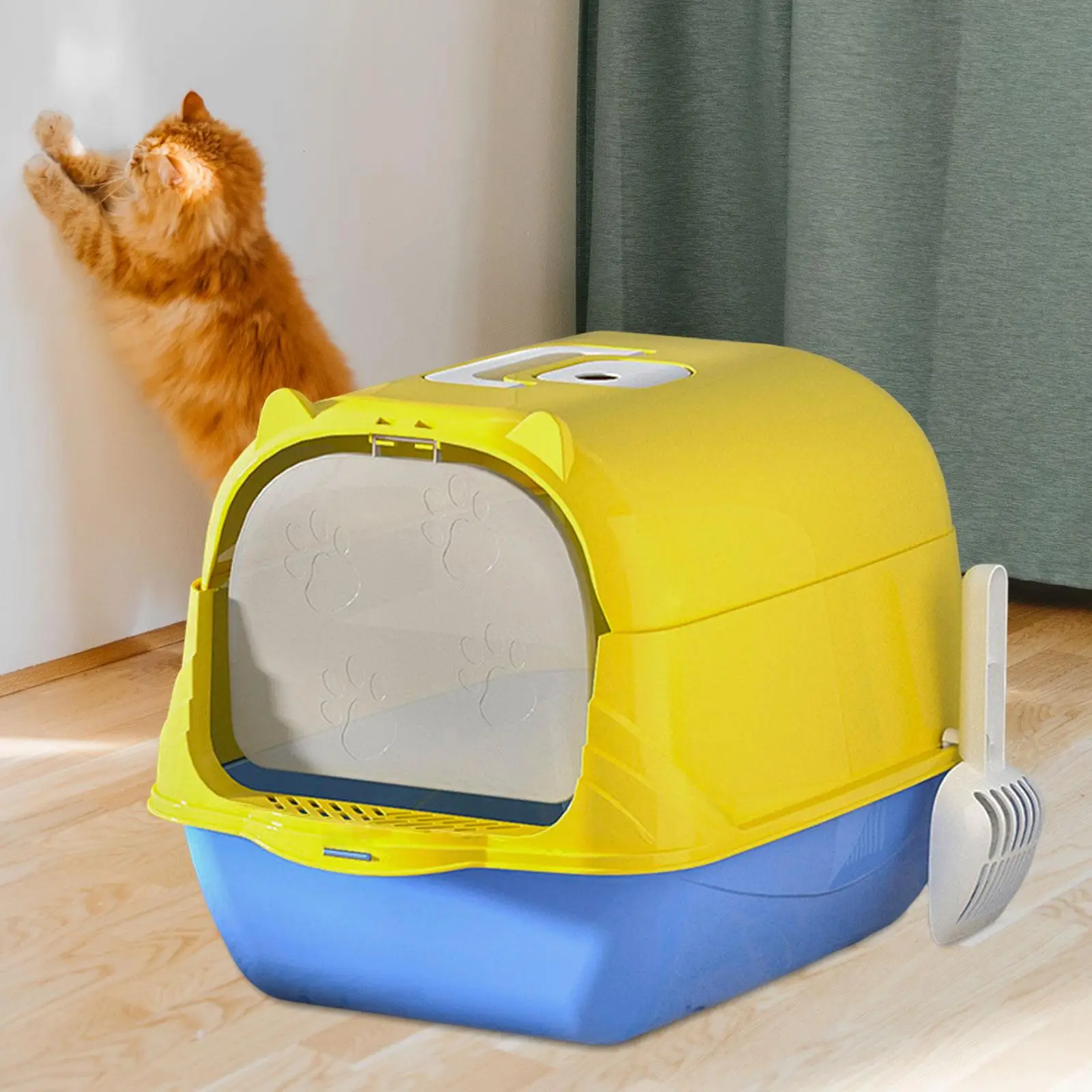 Hooded Cat Litter Box Durable Deep Loo with Scoop Two Way Movable Door Kitty Litter Tray Portable Enclosed Cat Toilet