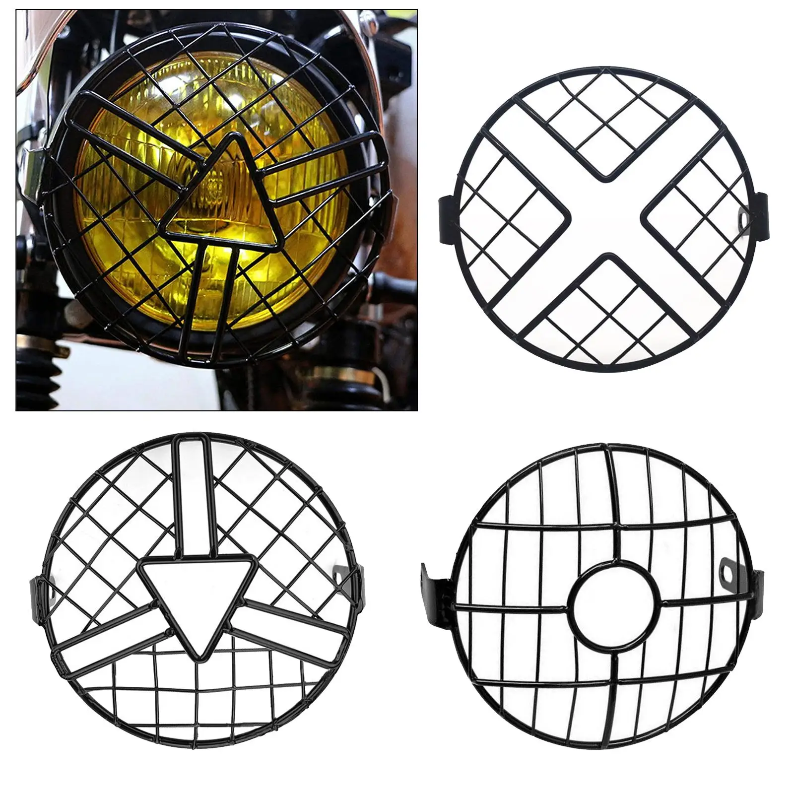 Universal 6.5 inch Motorcycle Headlight Grill Guard Iron Round Retro Headlamp Light Cover for Cafe Racer Cruiser Black