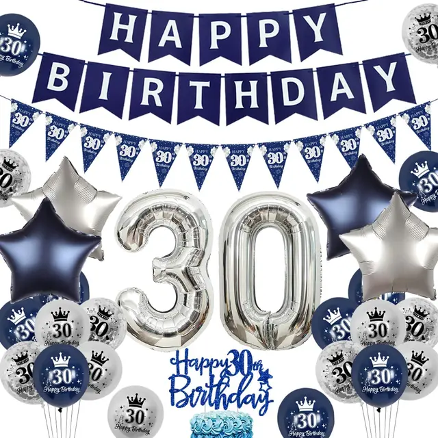  Decoraciones azules de cumpleaños 50 para hombres y mujeres,  telón de fondo azul marino y plateado de feliz cumpleaños 50, globos azules  de 50 cumpleaños para fiesta de aniversario de 50