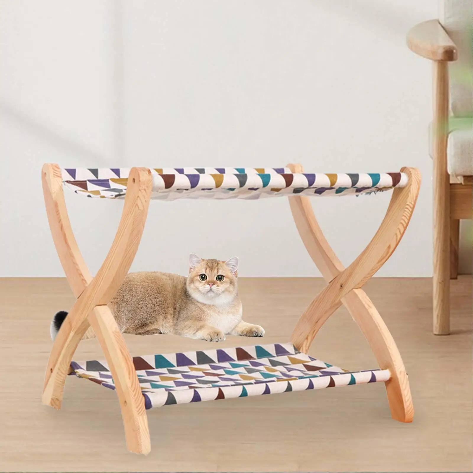 Double Layer Cat Lounge Beds Raised Pet Beds Wooden Playing Breathable Rabbit Sleeping Kitty Small Animals Cat Scratcher House