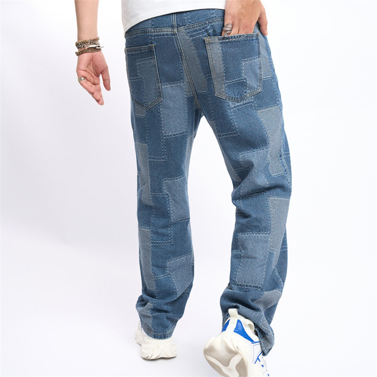 Men Patch Baggy Jeans Deep Light Blue Color