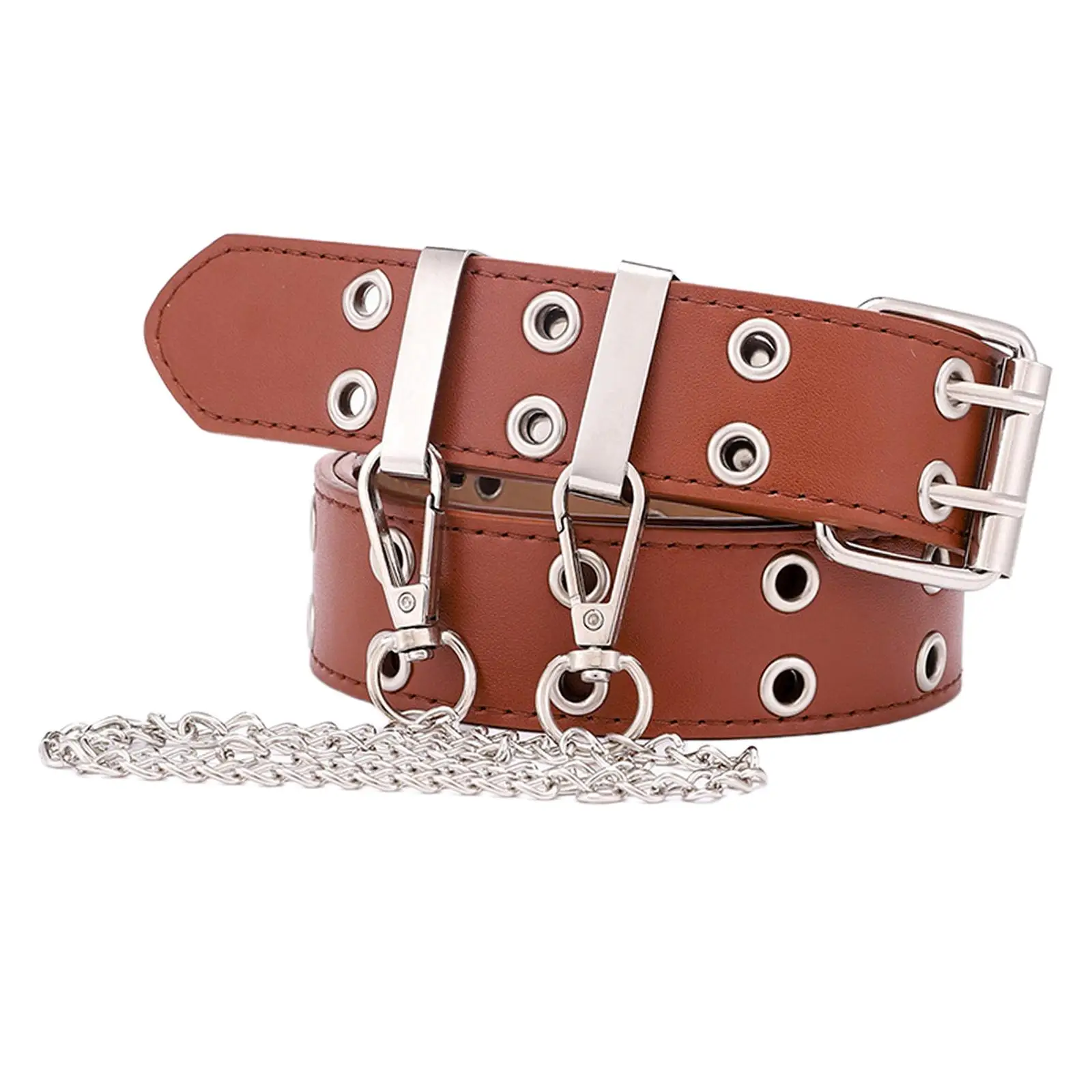 Womens Double Grommet Leather Belt with Chains Buckles Punk Waist Belts