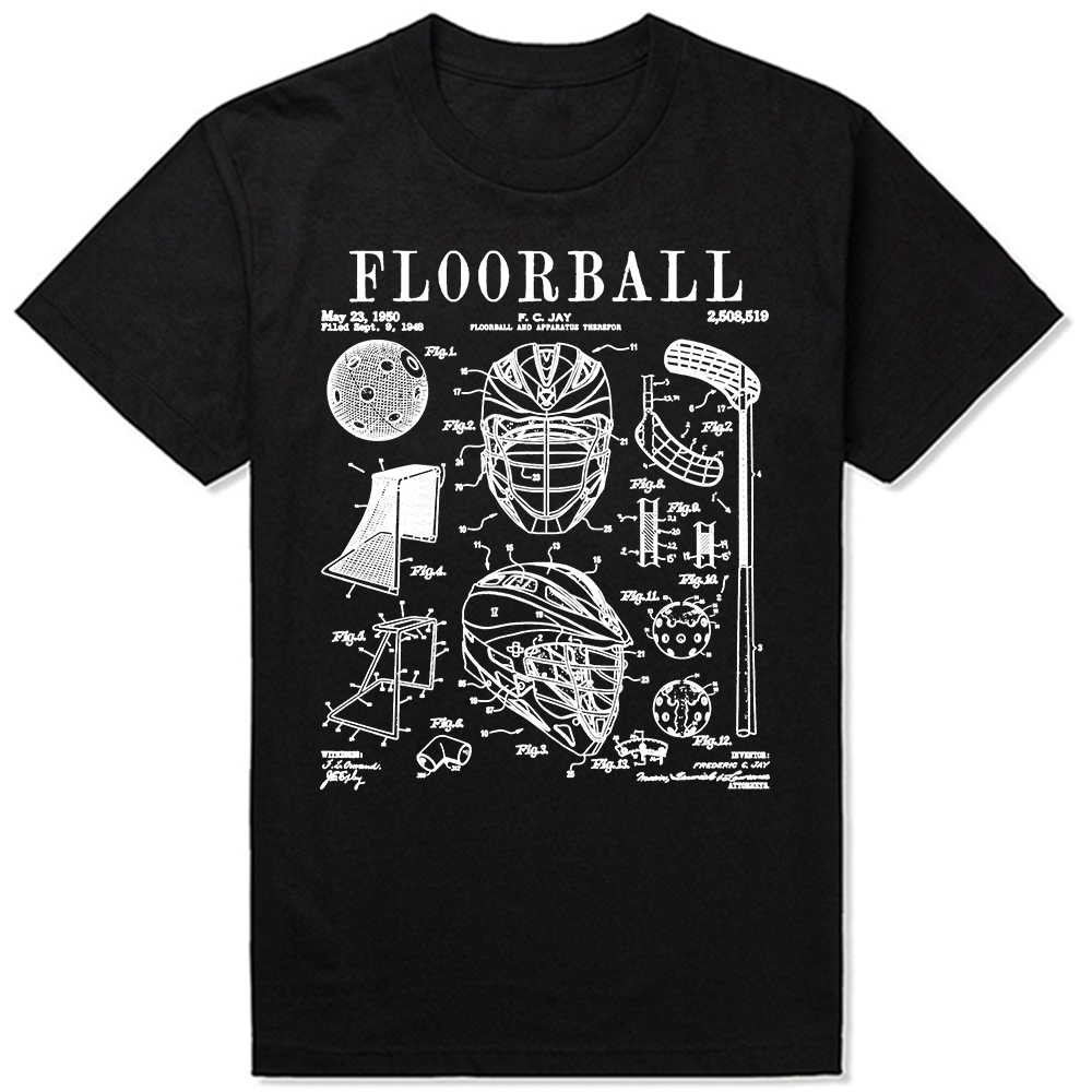 Floorball Spieler Stick Torwart Sport Vintage Patent Print T-Shirts Sommer Grafik Baumwolle Streetwear Kurzarm Geschenke T-Shirt – Detail 2