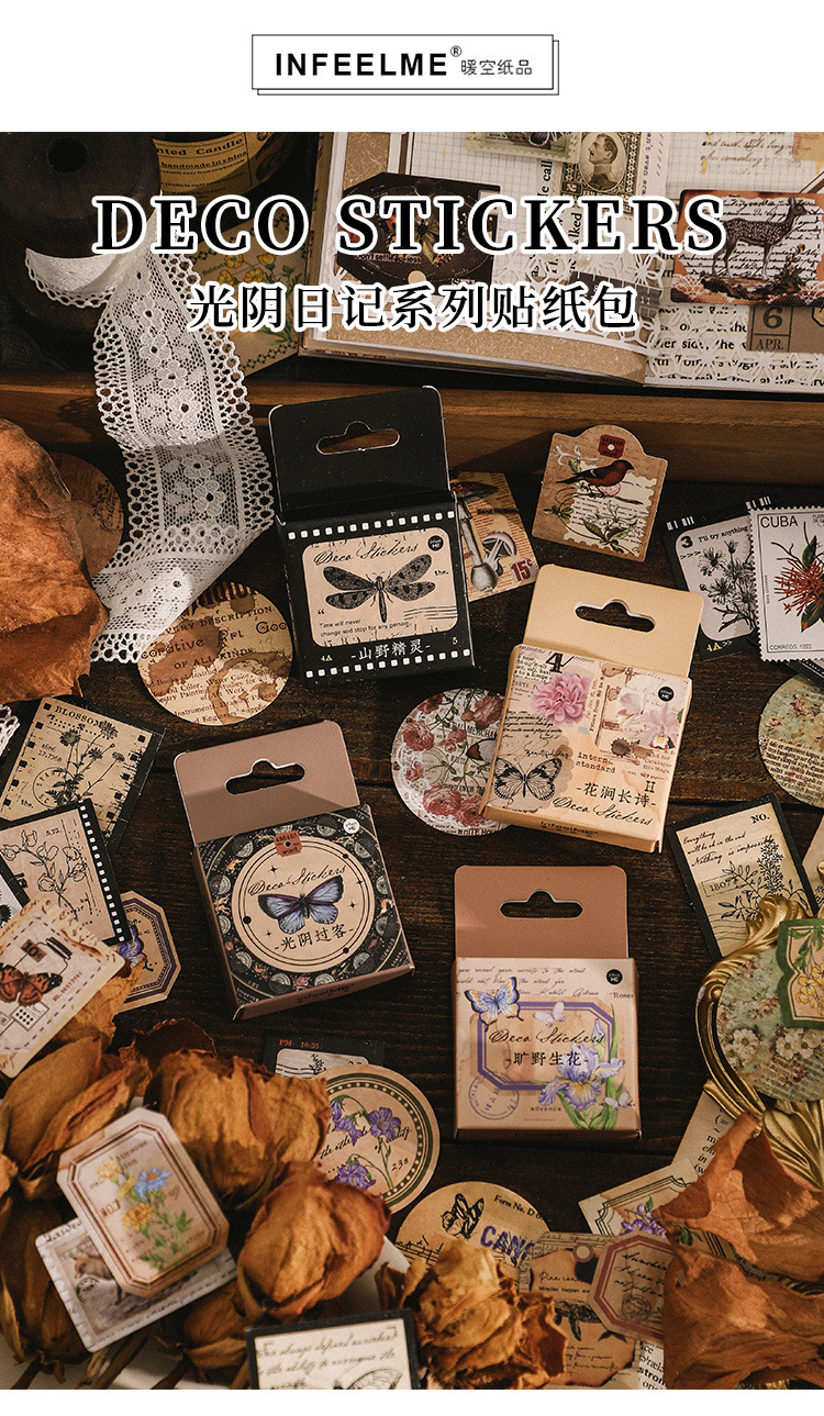 46pcs Vintage Mini Box Stickers for DIY Scrapbooking Journaling Collage Photo Album Sealing Decorative Stationery