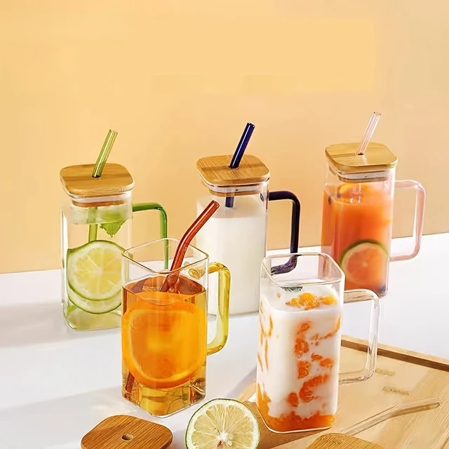 Drinking Glass Cups with Bamboo Lids and Glass Straws Reusable Glass Tumbler  Cup Iced Coffee Cup Soda Beer Glasses - AliExpress