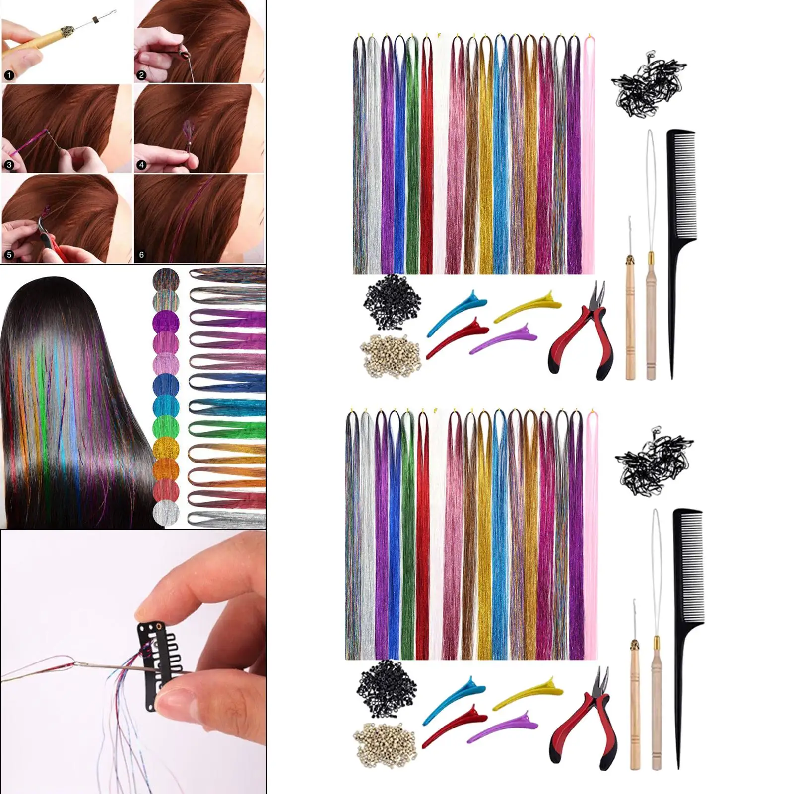 Hair Extension Tinsel Kit with Tools 200Pcs Rings Beads Multi-Color for Cosplay Hair Styling Salon Braiding Hair Women Girls