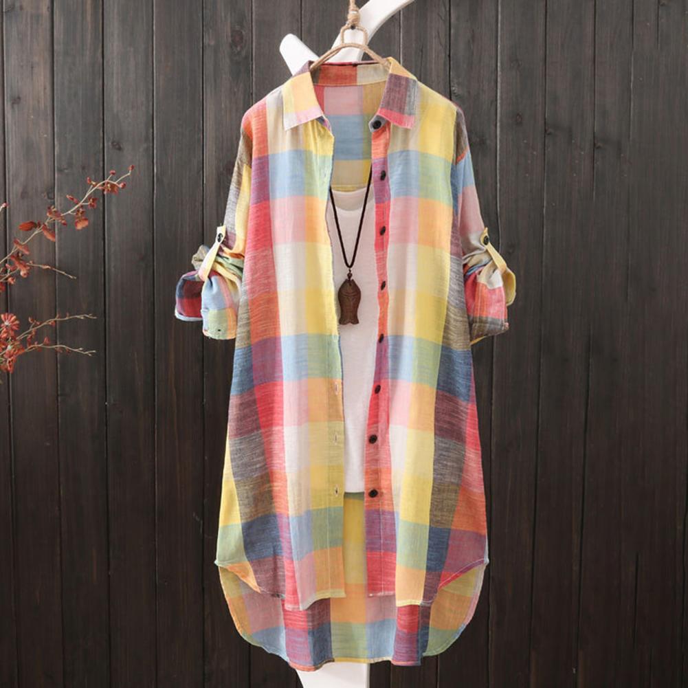 Title 2, Women Shirt Breathable Shirt Plaid Print Women