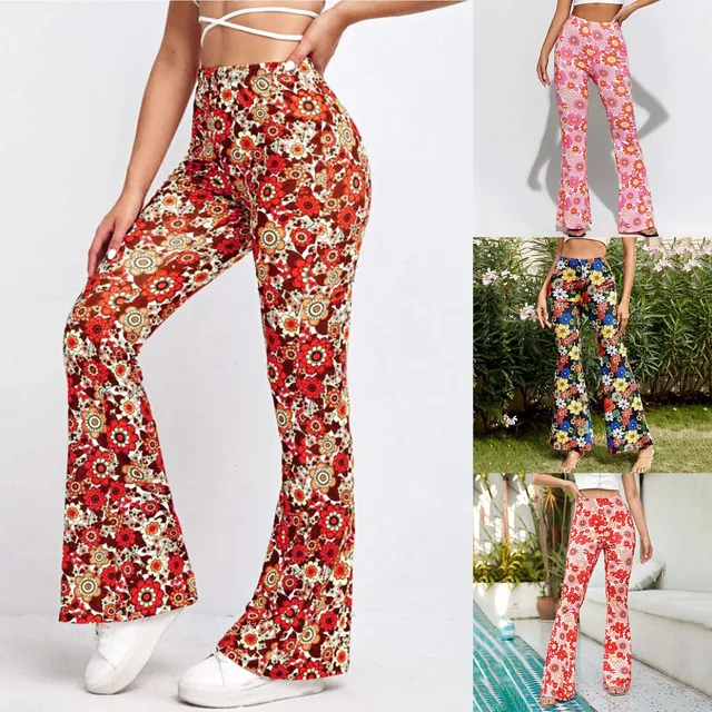 Ladies Casual Sports Yoga Pants Floral Prints Bell Bottom Flared Trousers  Wide Leg Elastic Soft Sweatpants Casual (Red, M)