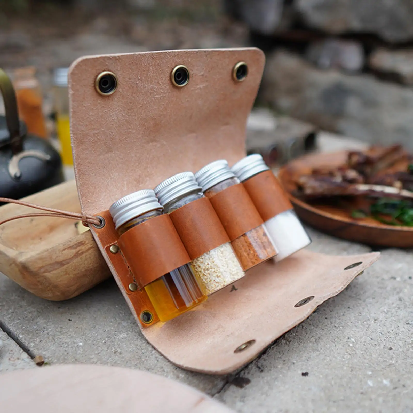 Condiment Bottle Kit Camping Spice Jar Leather Bag Containers for BBQ Glass